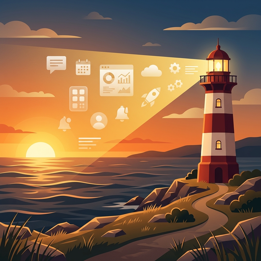 Lighthouse showing SaaS launches illustration